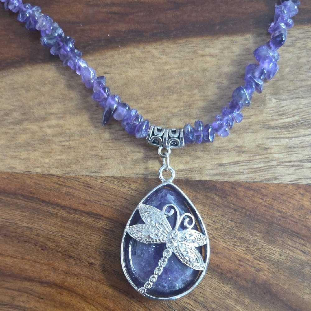 Amethyst and White Quartz Beaded Necklace with Silver dragonfly Pendant